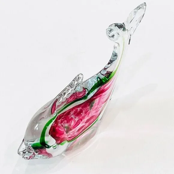 Vintage MCM Murano Fish Art Glass Sculpture Home Decor Green Pink 9 X 7 - Picture 3 of 9